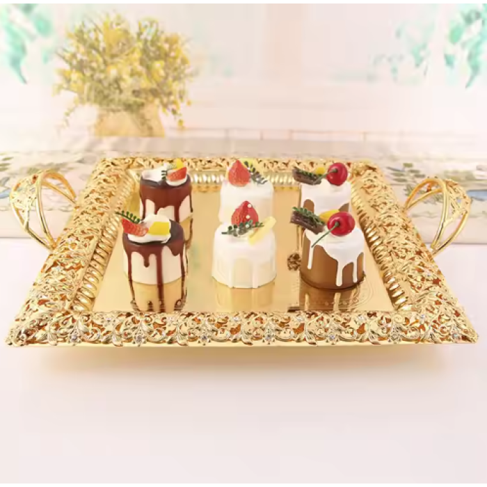 Luxury gold plate decoration, fruit and snack plate with handle